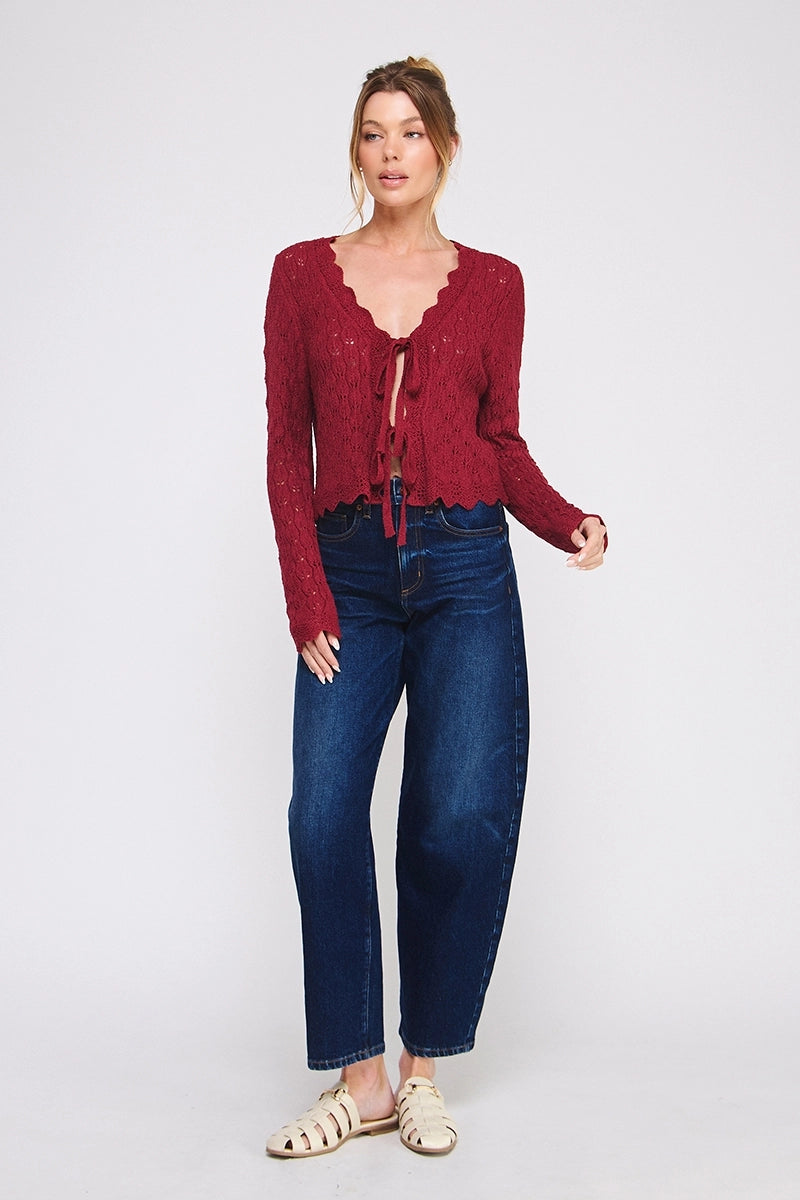 Tamera Pointelle Front Tie Cardigan - Red