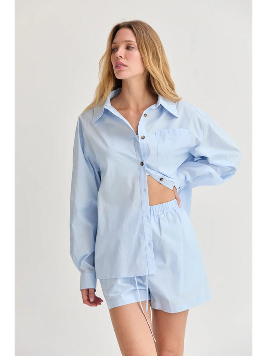Ocean Poplin Button-Up Shirt & Shorts Set - Light Blue