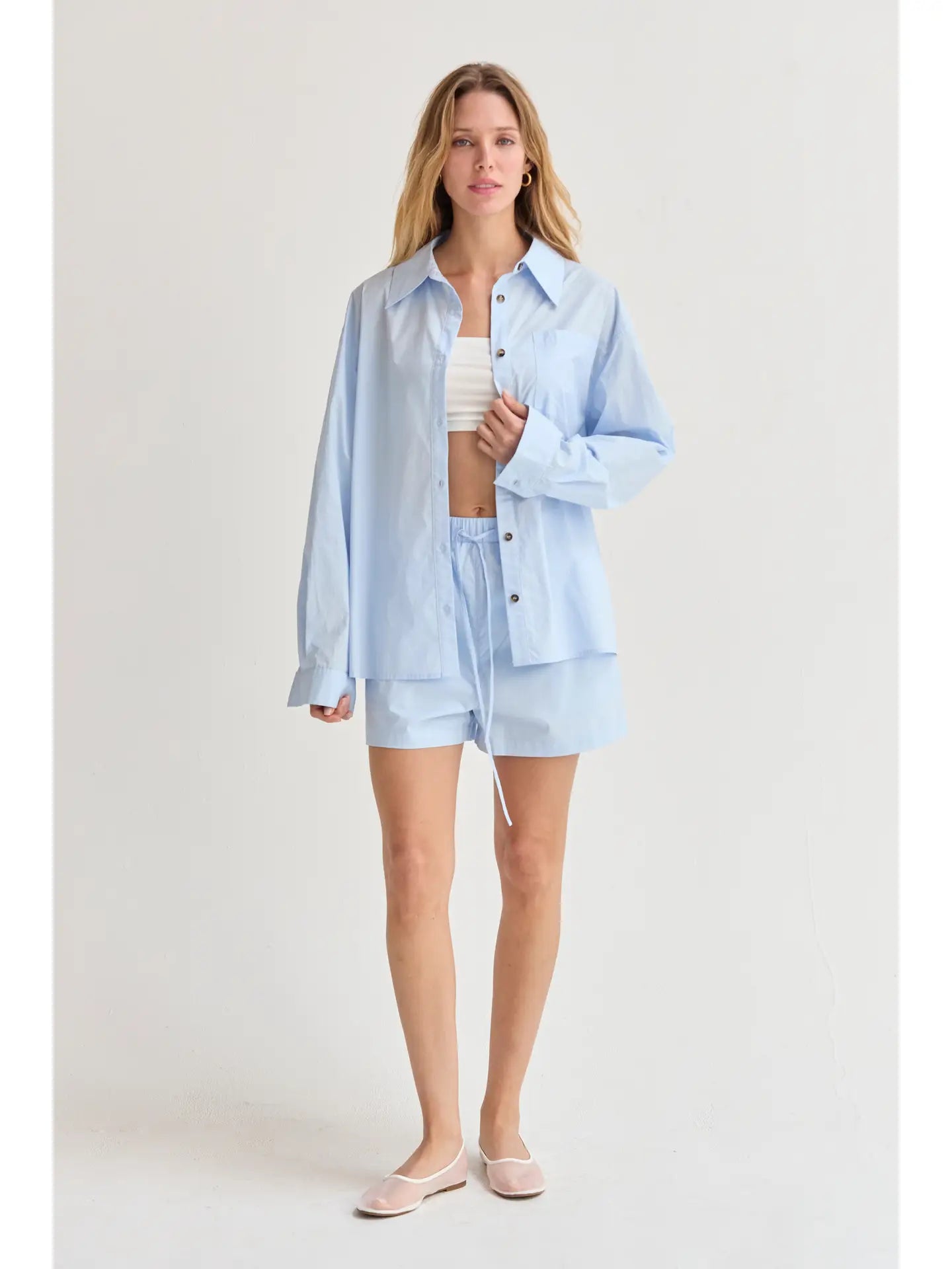 Ocean Poplin Button-Up Shirt & Shorts Set - Light Blue