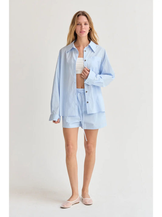 Ocean Poplin Button-Up Shirt & Shorts Set - Light Blue