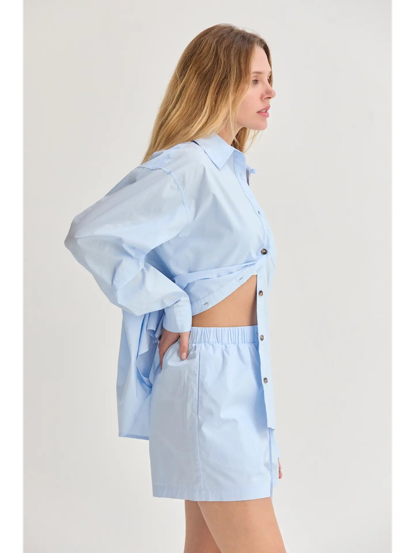Ocean Poplin Button-Up Shirt & Shorts Set - Light Blue