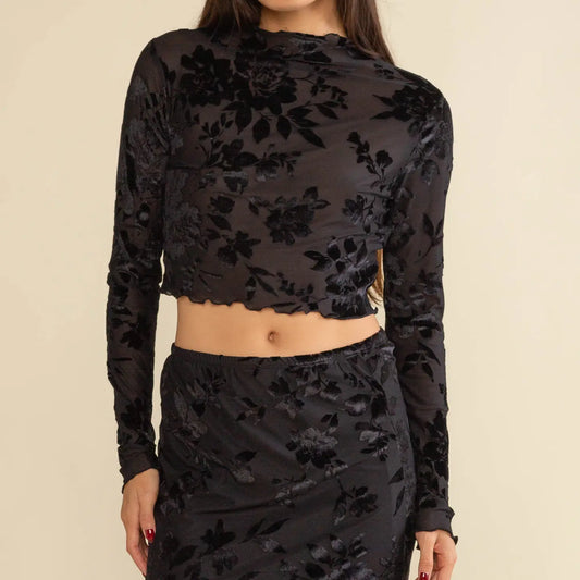 Ramona Floral Velvet Crop Top - Black