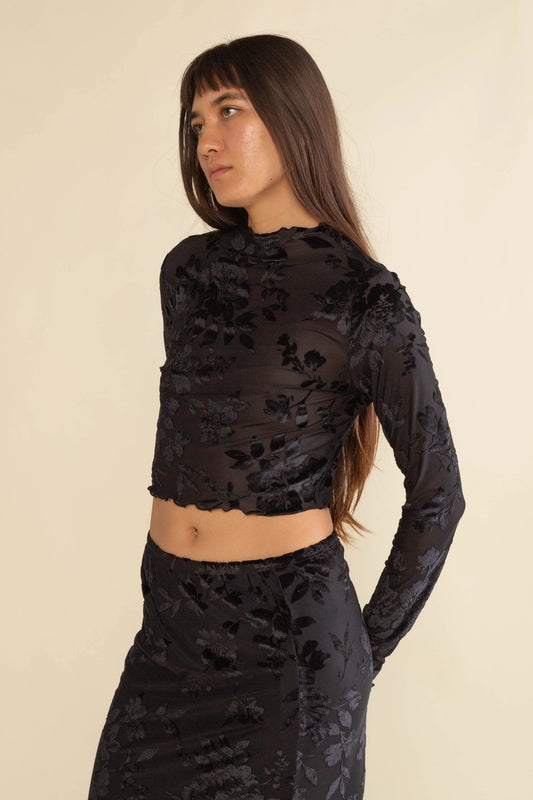 Ramona Floral Velvet Crop Top - Black