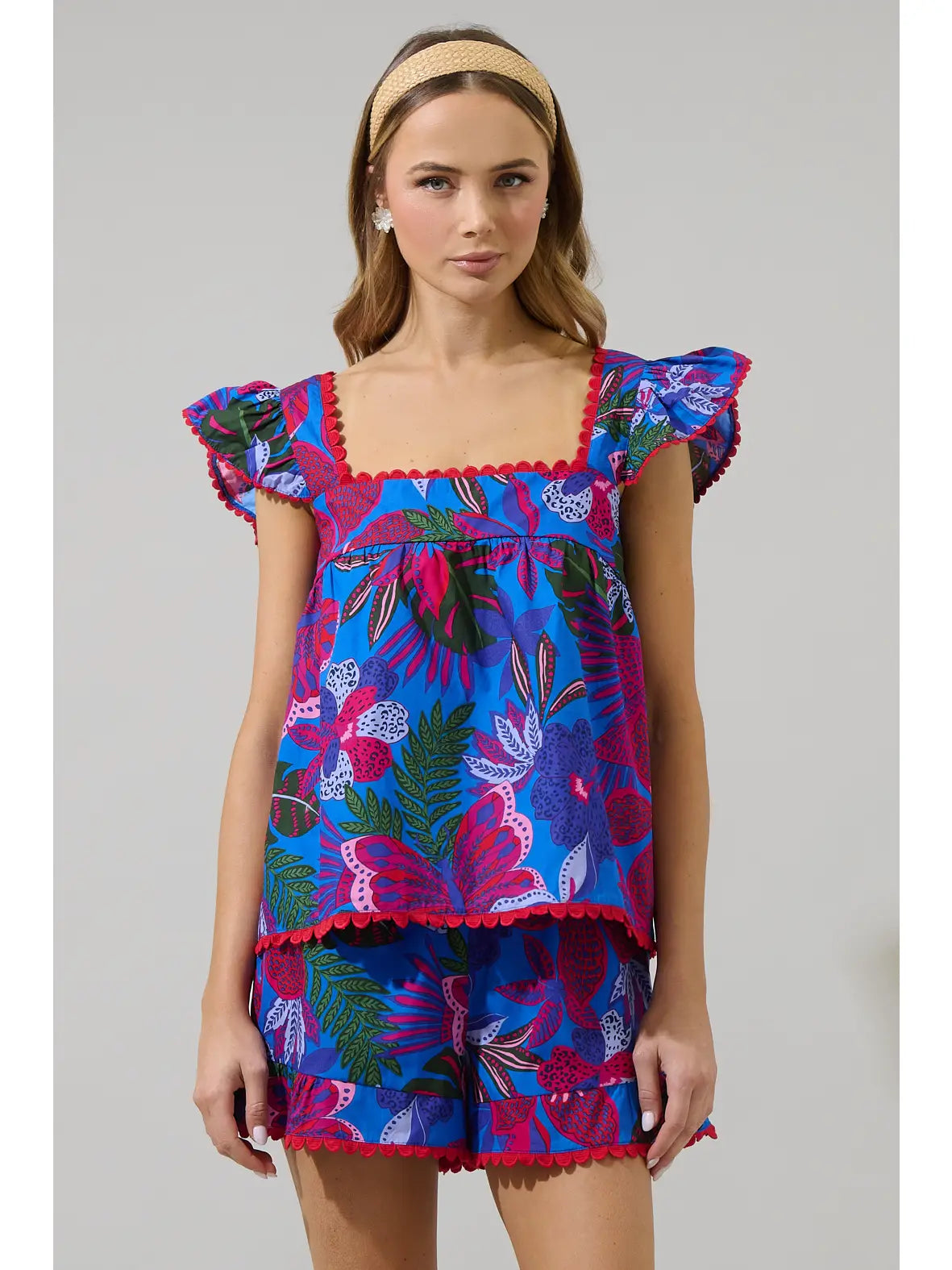 Reina Tropics Ruffle Top - Blue/Pink/Multi