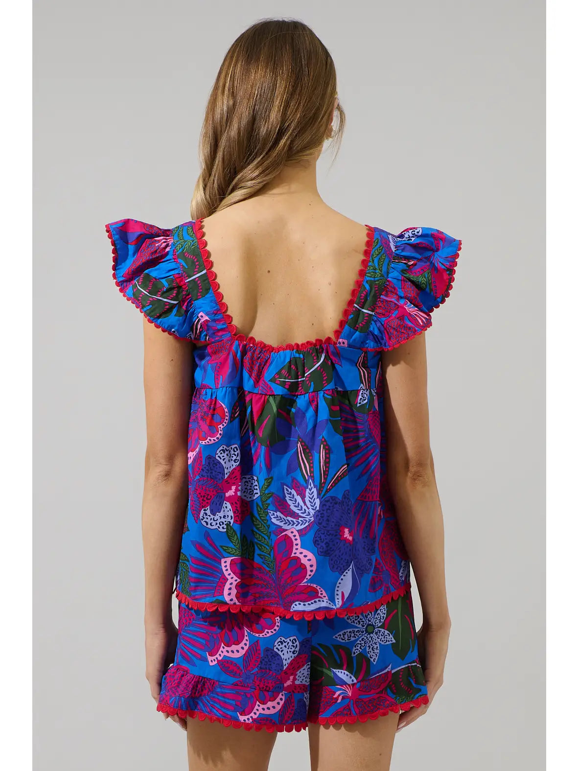 Reina Tropics Ruffle Top - Blue/Pink/Multi