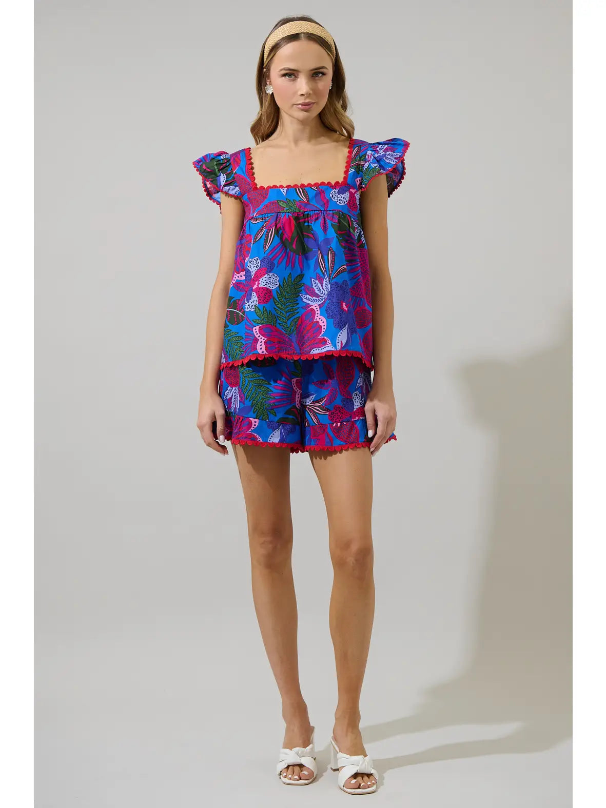 Reina Tropics Ruffle Top - Blue/Pink/Multi