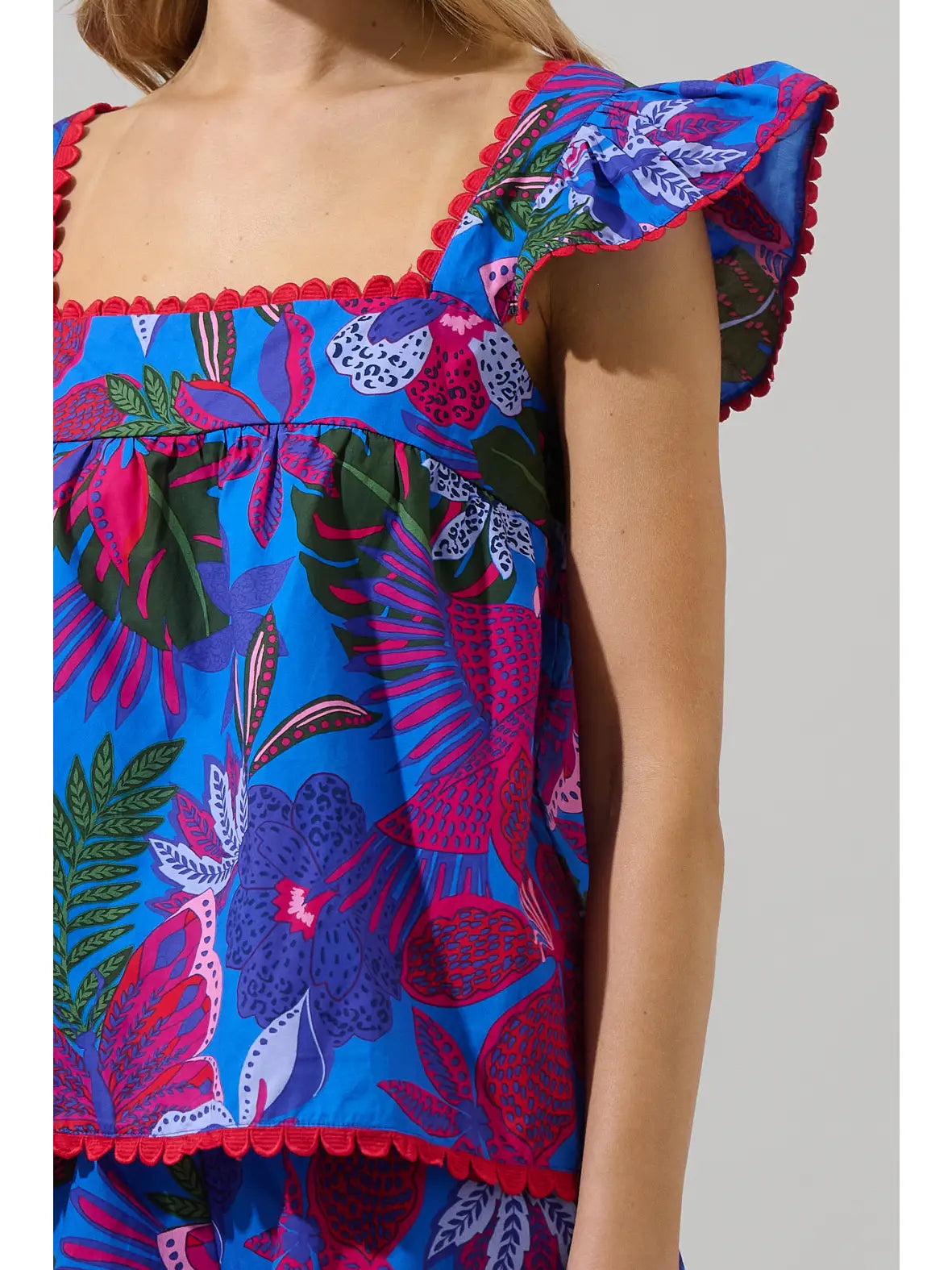 Reina Tropics Ruffle Top - Blue/Pink/Multi