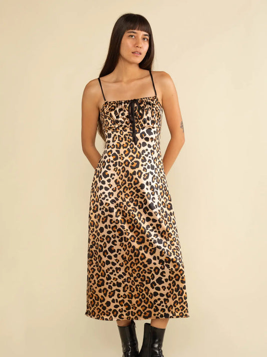 Riri Leopard Slip Midi Dress - Brown/Black