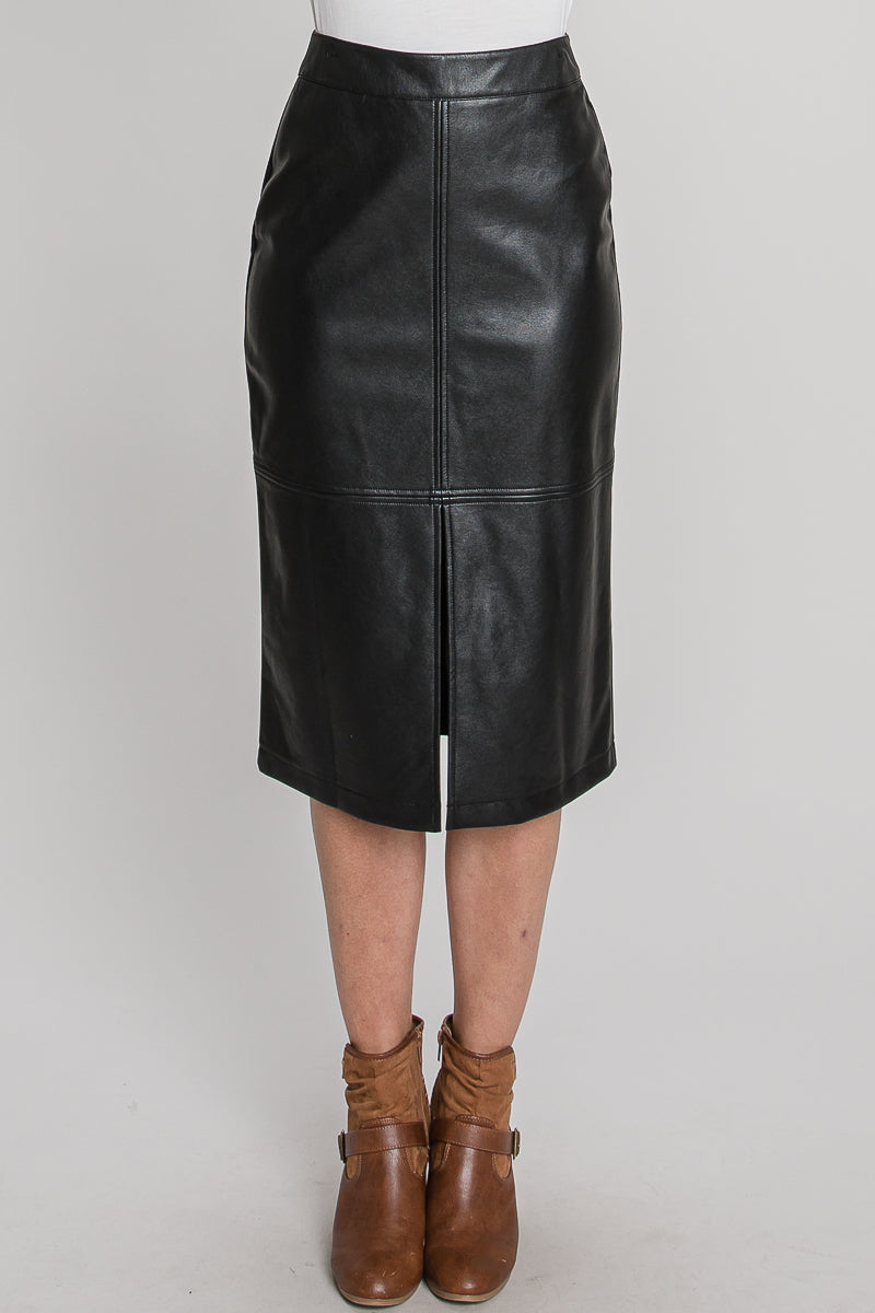Shay Faux Leather Slit Midi Skirt - Black