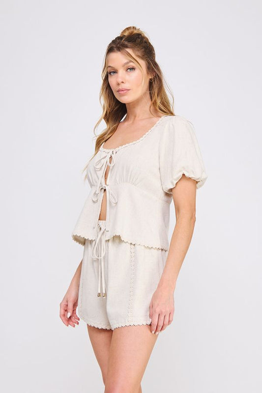 Abigail Linen Blend Lace Top - Natural