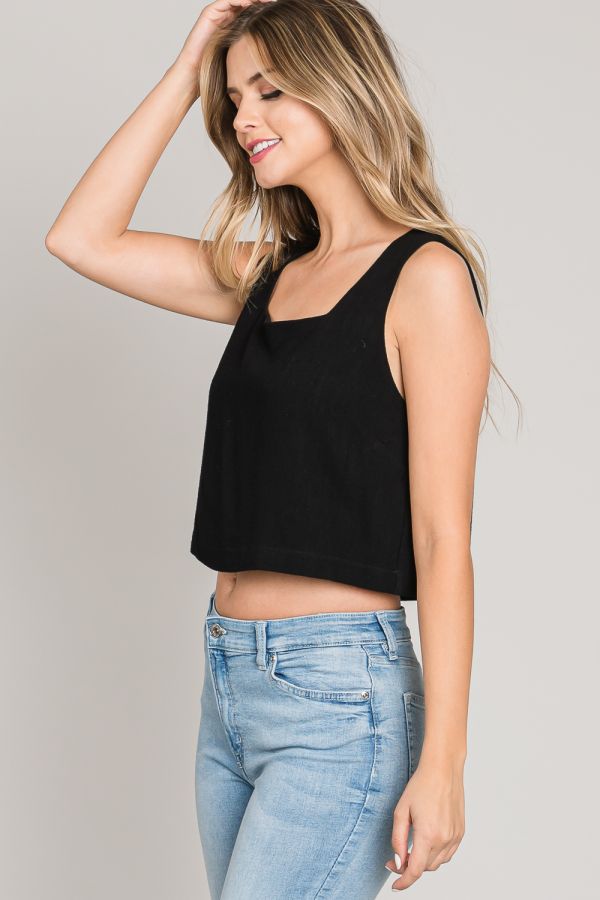 Stephanie Soft Linen Square Neck Tank - Black