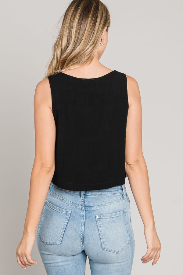 Stephanie Soft Linen Square Neck Tank - Black