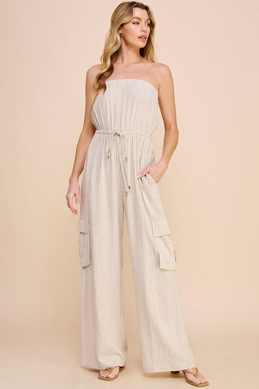 Naomi Pinstripe Cargo Jumpsuit - Natural/Black