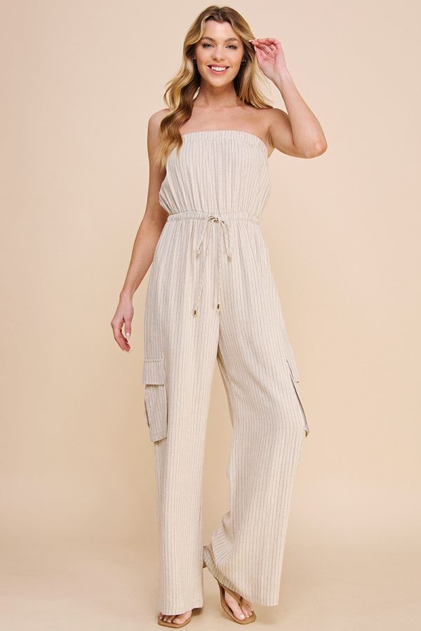 Naomi Pinstripe Cargo Jumpsuit - Natural/Black