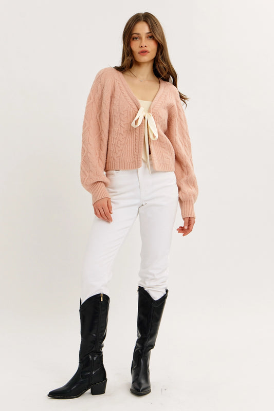 Susie Ribbon Tie Cable Knit Cardigan - Strawberry Milk