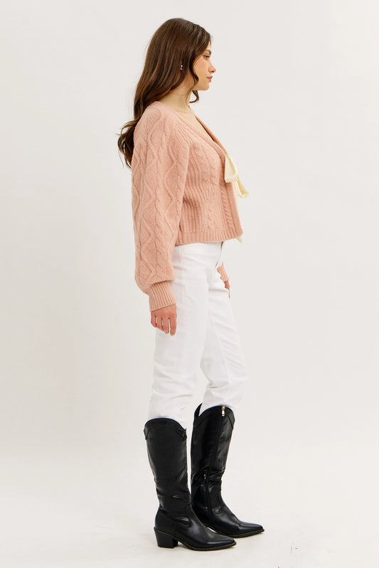 Susie Ribbon Tie Cable Knit Cardigan - Strawberry Milk