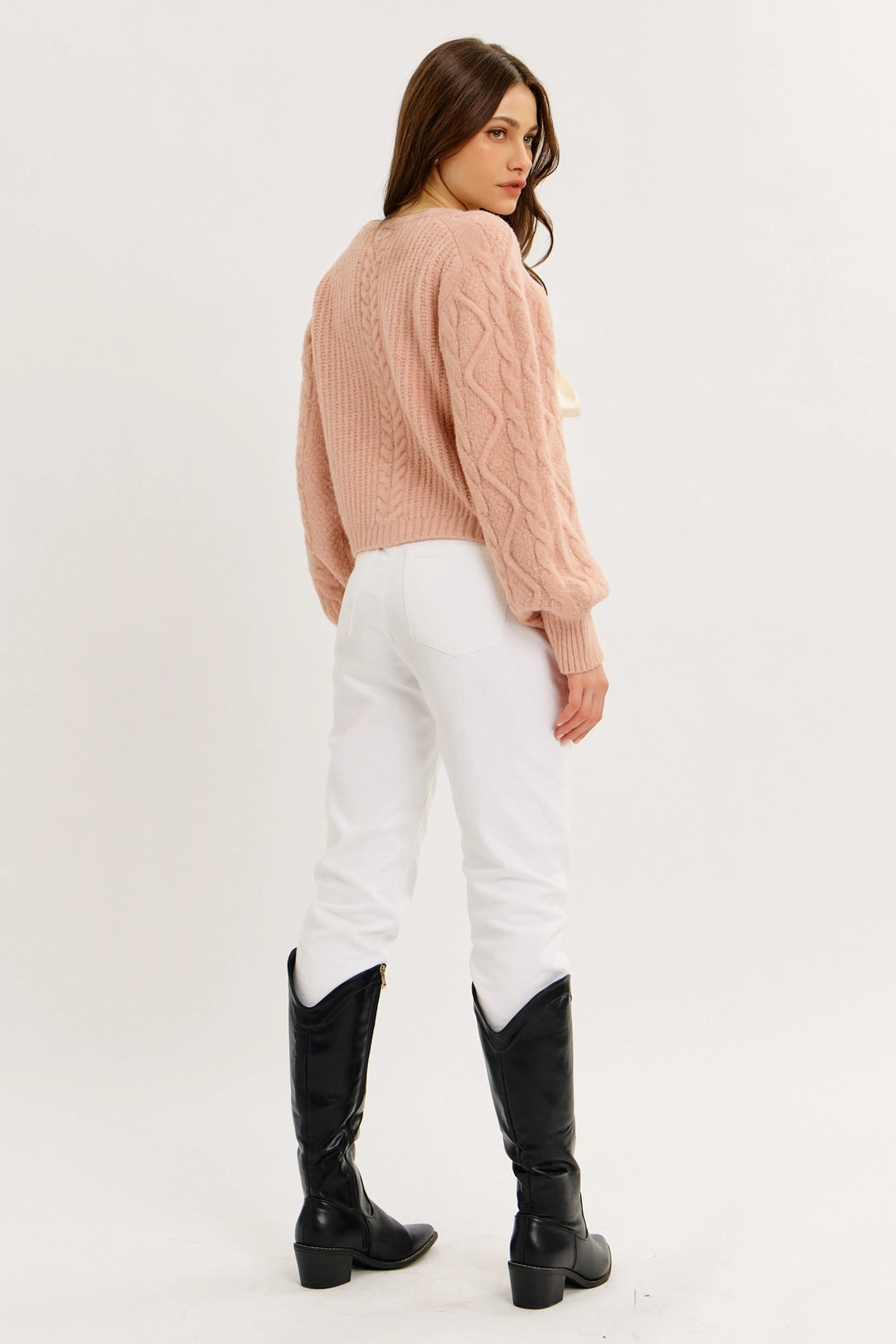 Susie Ribbon Tie Cable Knit Cardigan - Strawberry Milk