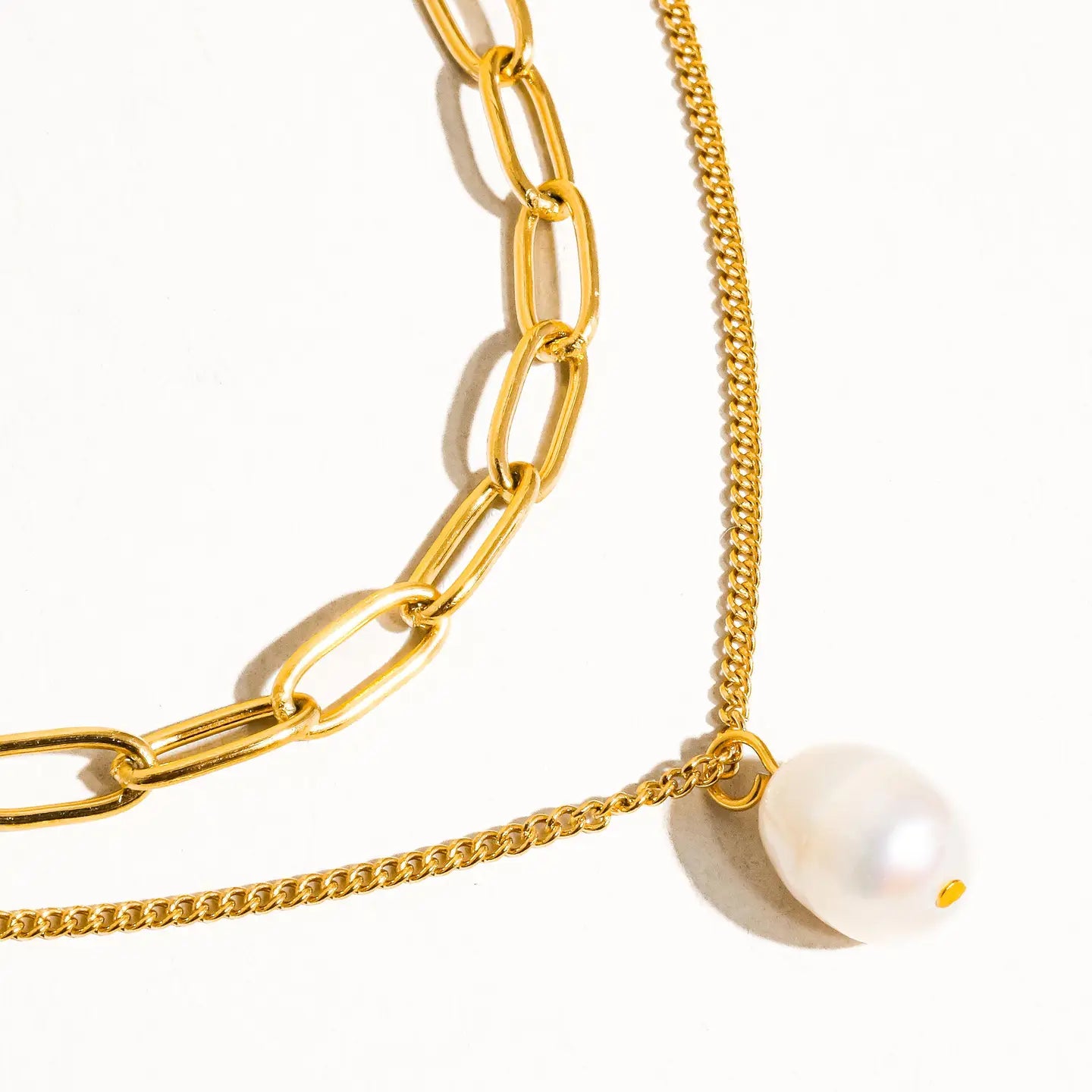 Tiana Layered Chain Pearl Necklace - Gold
