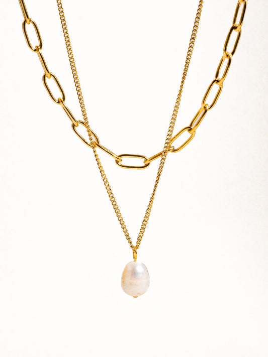 Tiana Layered Chain Pearl Necklace - Gold