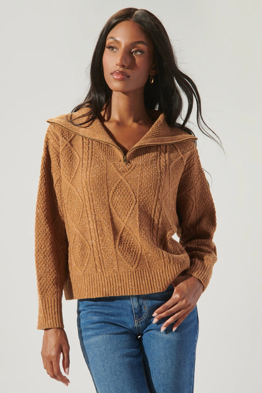 Tina Half Zip Cable Knit Sweater - Mocha