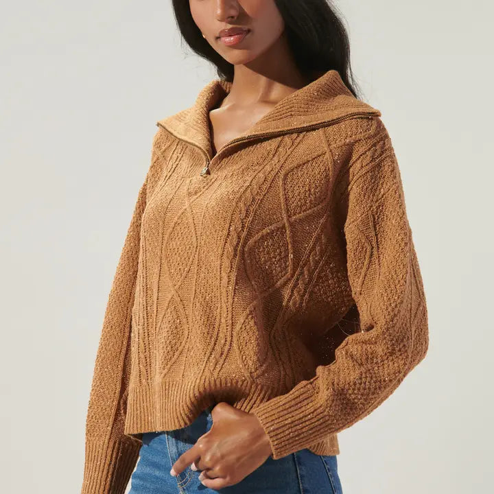 Tina Half Zip Cable Knit Sweater - Mocha