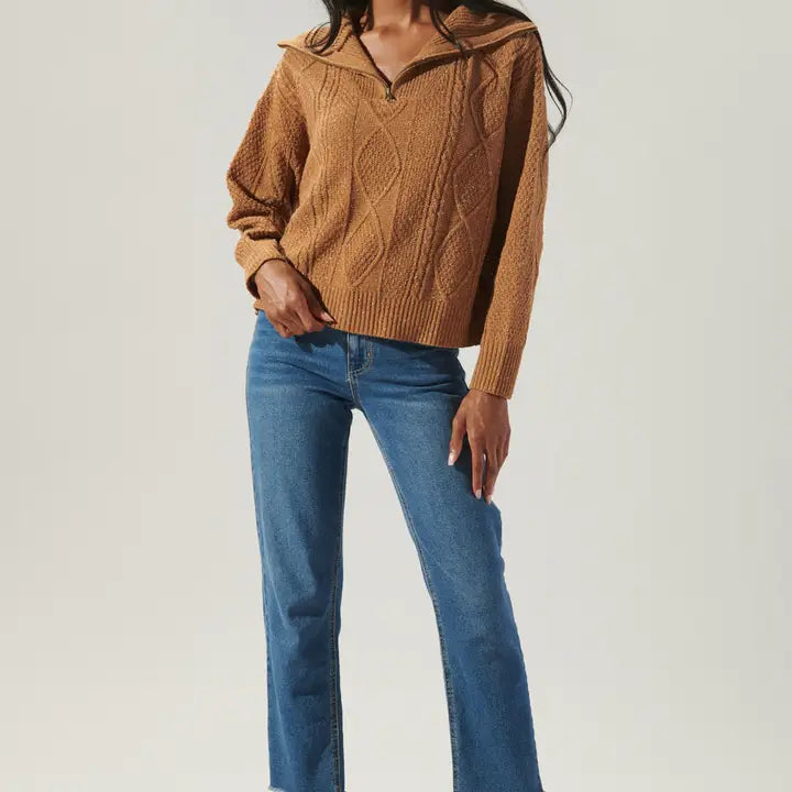 Tina Half Zip Cable Knit Sweater - Mocha