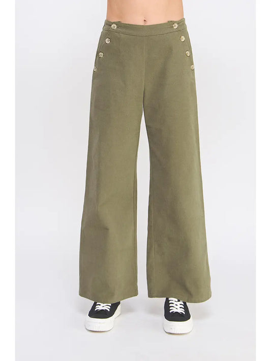 Mason Twill Button Wide Leg Pants - Olive