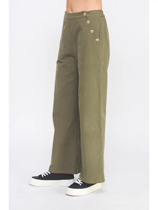 Mason Twill Button Wide Leg Pants - Olive
