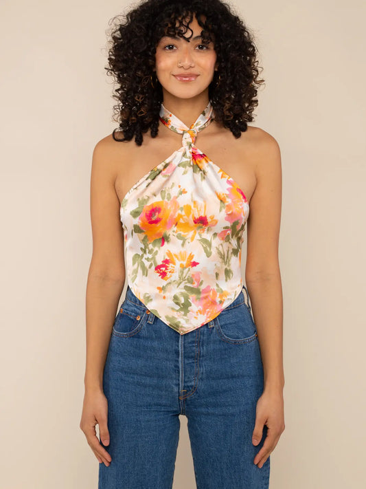 Tyla Floral Halter Crop Top - Peach/Orange/Red