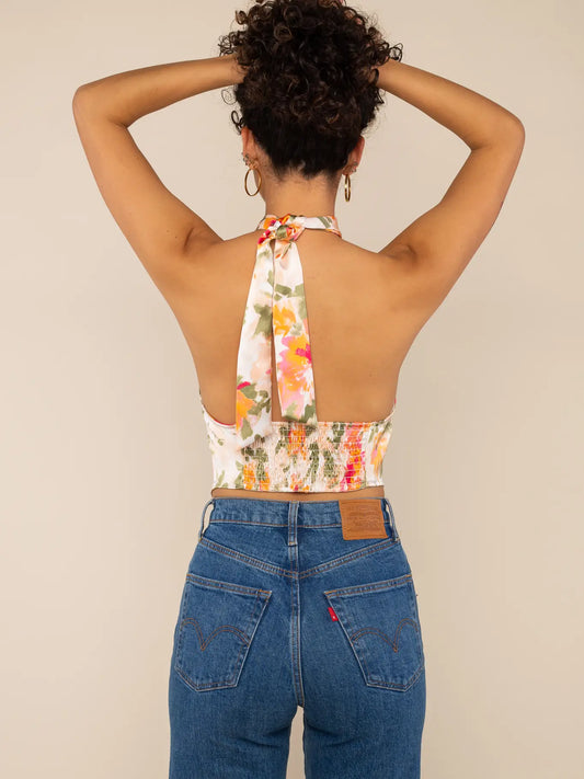 Tyla Floral Halter Crop Top - Peach/Orange/Red