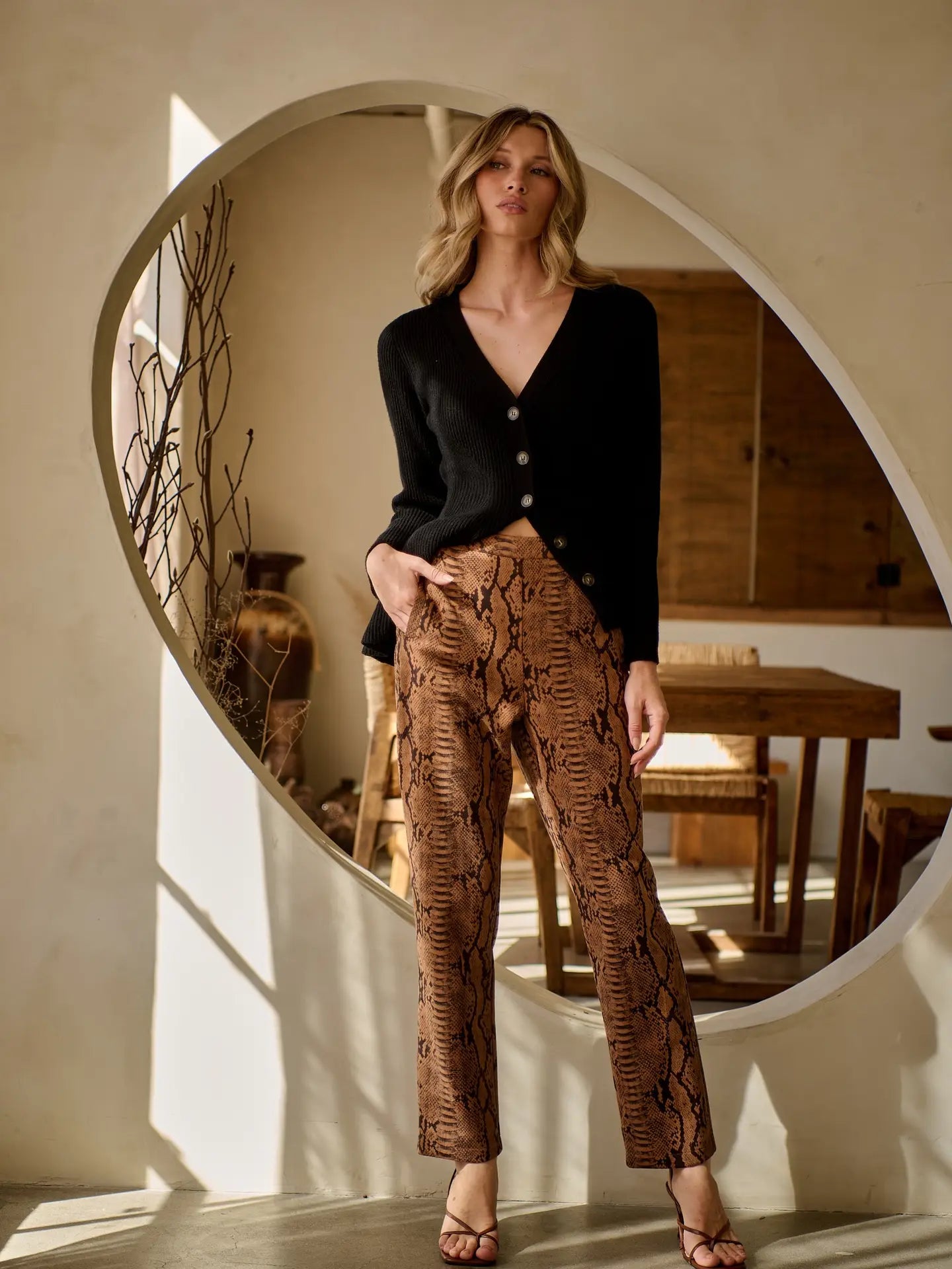 Victoria Faux Suede Snake Pants - Brown