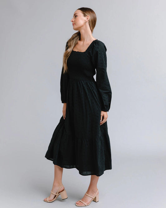 Whitney Smocked Square Neck Midi Dress - Black