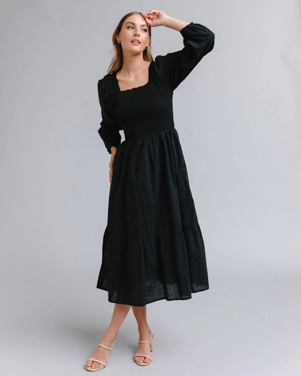 Whitney Smocked Square Neck Midi Dress - Black