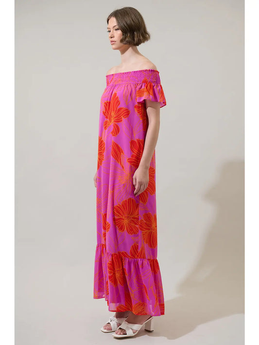Yolanda Floral Smocked Maxi Dress - Orange/Pink/Multi