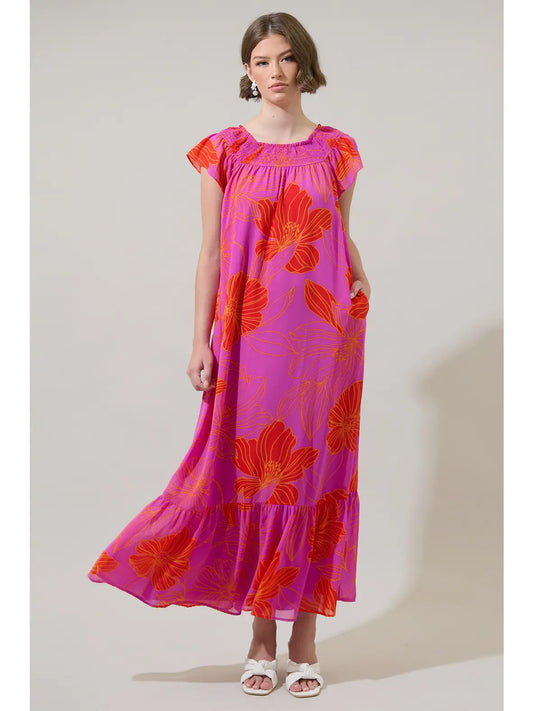 Yolanda Floral Smocked Maxi Dress - Orange/Pink/Multi