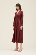 Load image into Gallery viewer, Alessandra Smocked Satin Long Sleeve Dress - Vino
