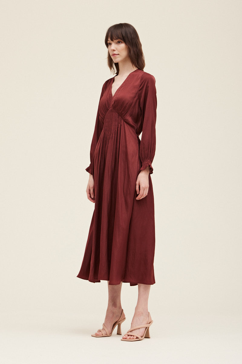 Alessandra Smocked Satin Long Sleeve Dress - Vino