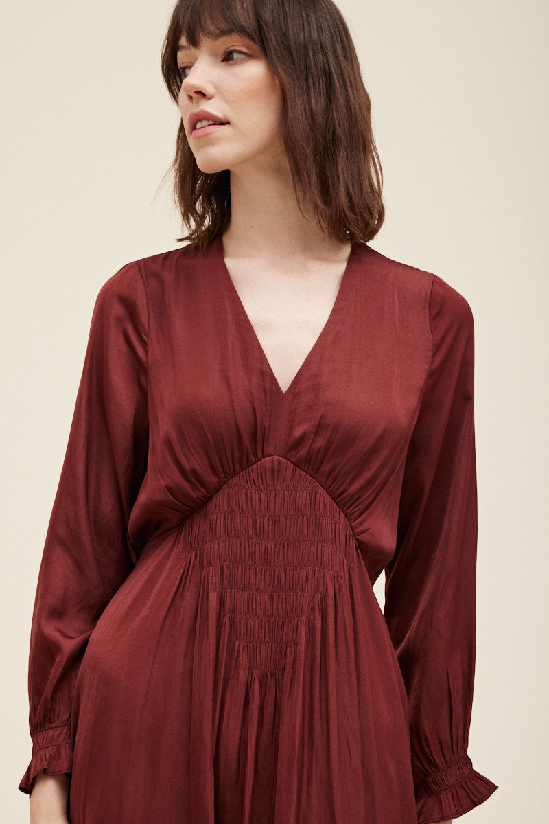 Alessandra Smocked Satin Long Sleeve Dress - Vino