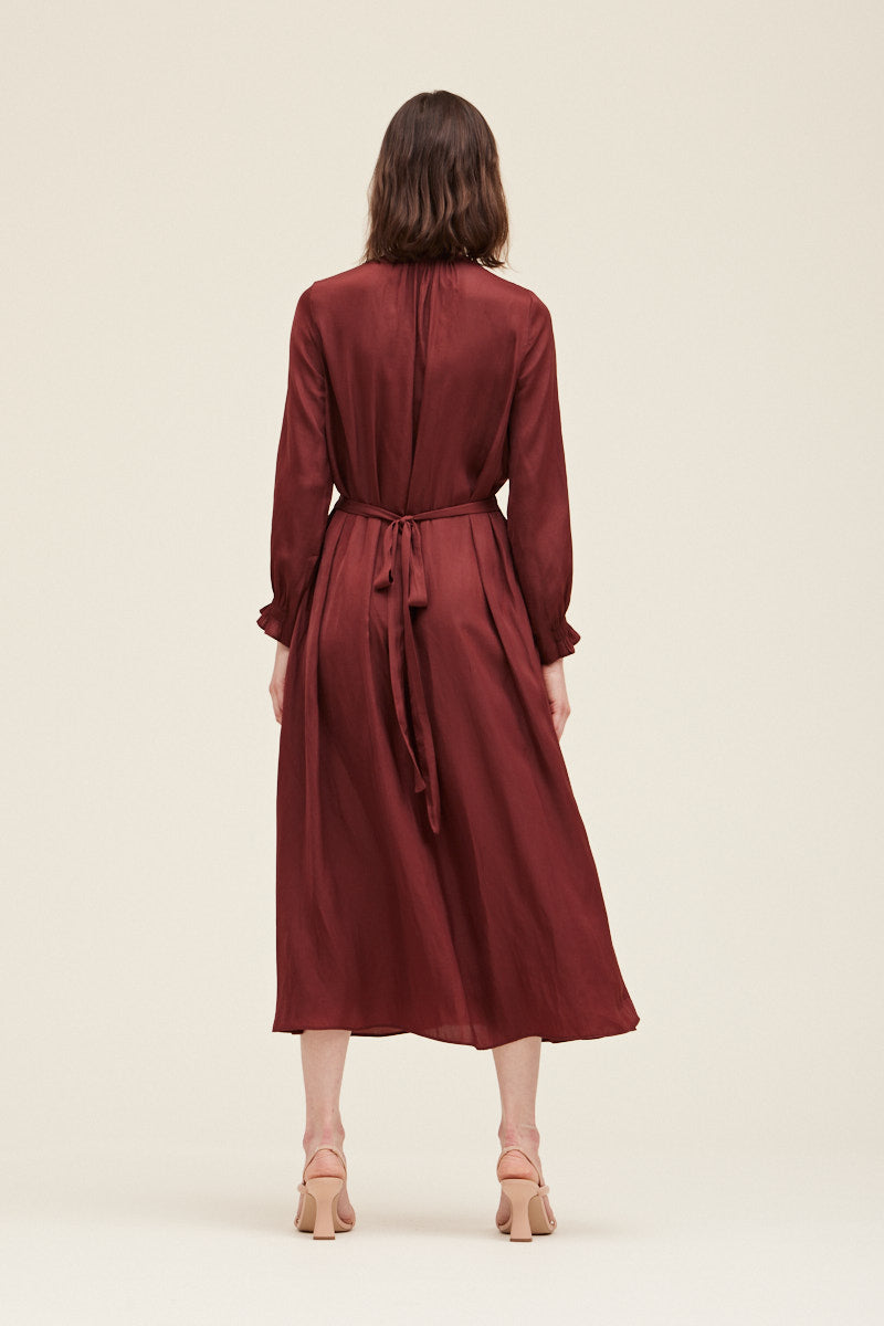 Alessandra Smocked Satin Long Sleeve Dress - Vino