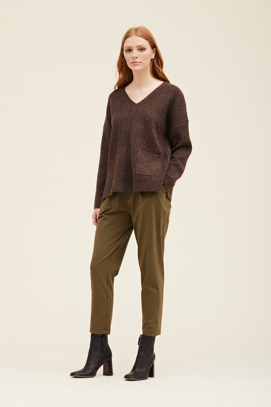 Taryn V-Neck Pocket Sweater - Dark Umber
