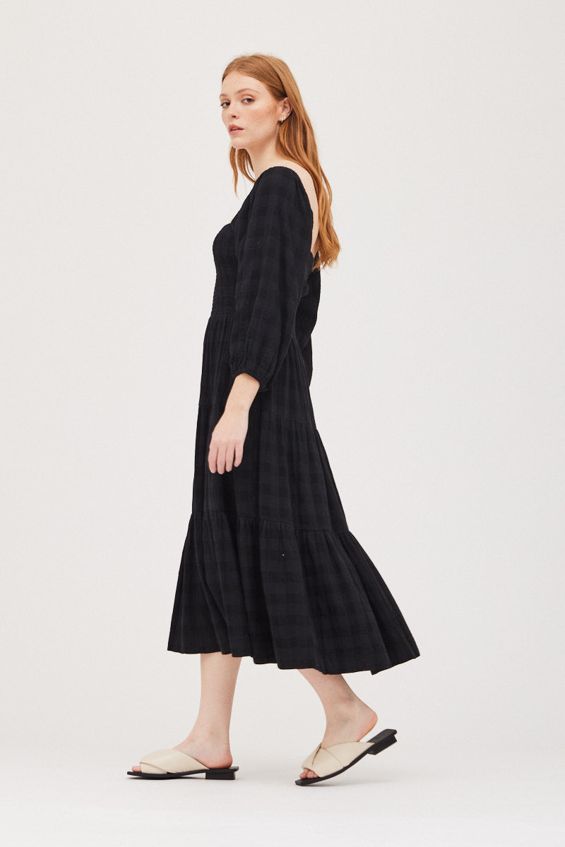 Amelia Square Neck Tiered Midi Dress - Black