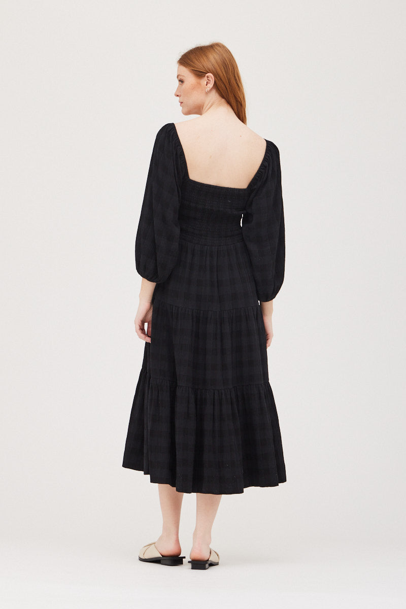 Amelia Square Neck Tiered Midi Dress - Black