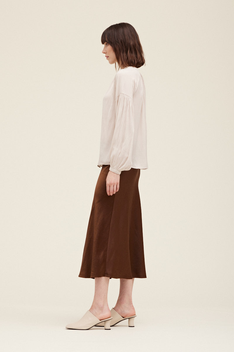 Evelyn Satin Bias Slip Midi Skirt - Cacao